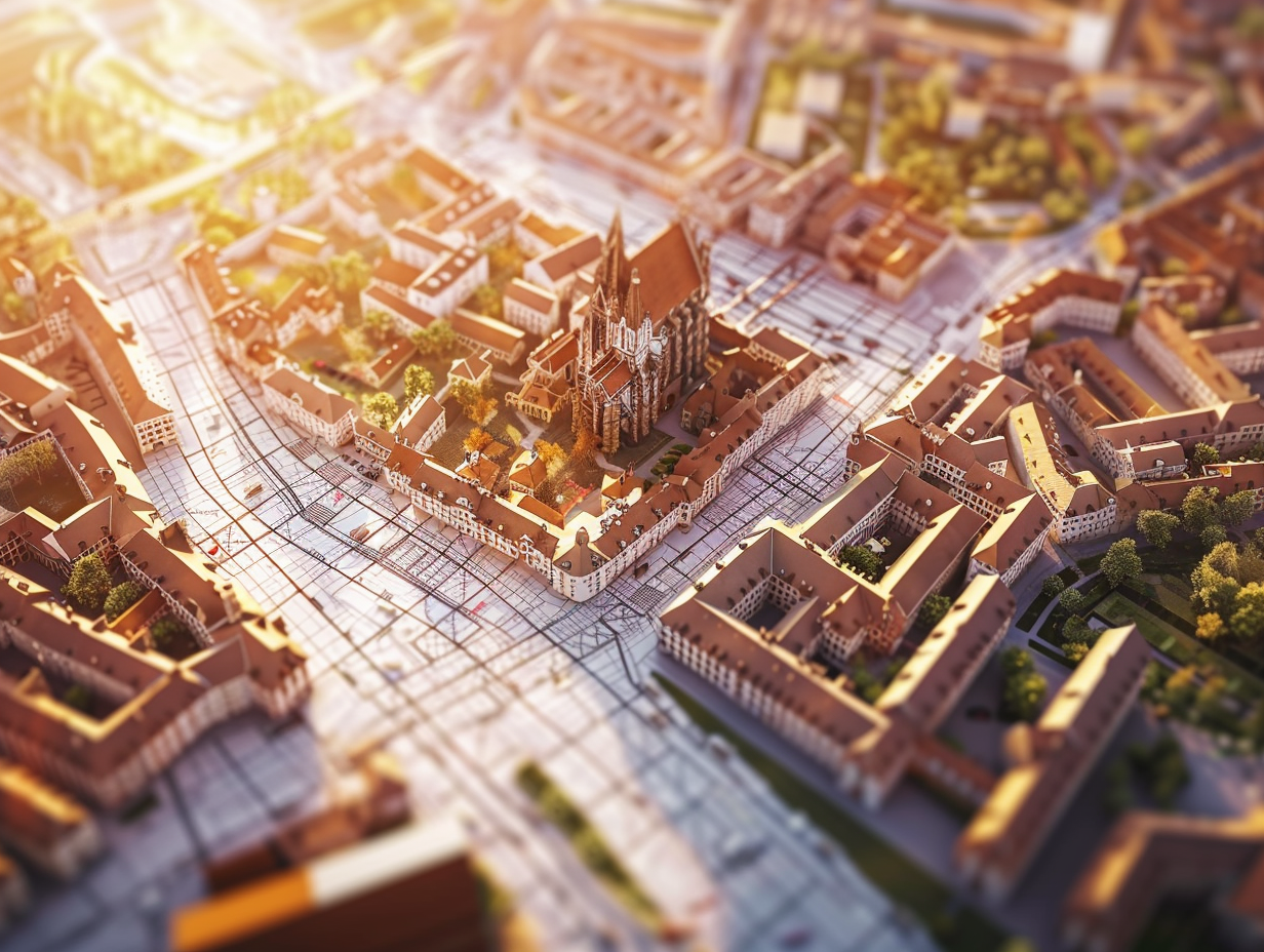 Una vista aerea artistica di una città con un effetto miniatura. Al centro, una grande chiesa con un tetto rosso è circondata da edifici storici, strade e aree verdi. Le linee di tram e strade sembrano sovrapporsi a una mappa urbana, creando un effetto surreale e dettagliato.