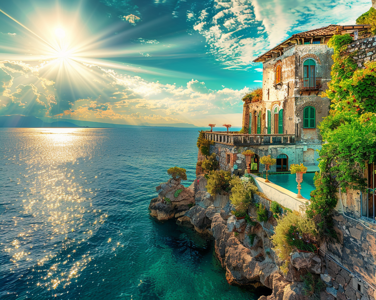 Villa storica in pietra con piscina a picco sul mare, circondata da vegetazione lussureggiante, con il sole che illumina il cielo e l’acqua cristallina sottostante.