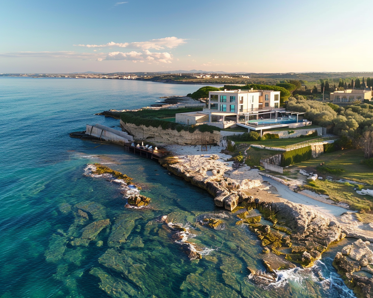 Vista aerea di una lussuosa villa moderna situata su una scogliera della costa pugliese, affacciata sulle acque cristalline del Mar Adriatico. La proprietà presenta ampie vetrate, una terrazza panoramica e un molo privato, immersa in una vegetazione rigogliosa.